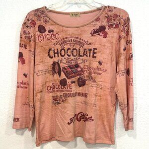 Cactus Tee Top Chocolate Theme 3/4 Sleeve Embellished Made in USA Women Sz Large